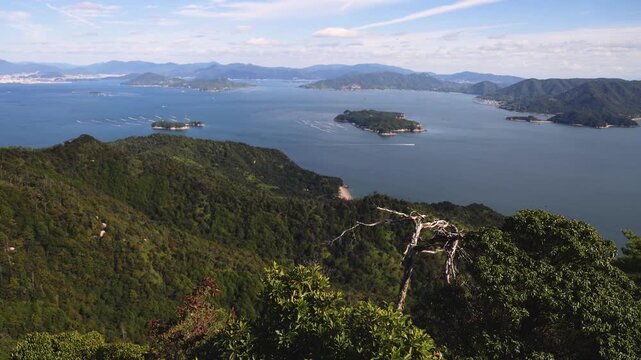 Itsukushima island landscape view, hiking to Mount Misen, Miyajima island panorama, with Hiroshima bay and Seto Inland Sea archipelago, Japan, Hiroshima prefecture, Setonaikai National Park islets
