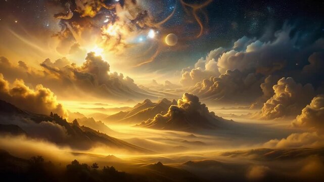 Shadowy galactic void with thin golden fog drifting like silk in smooth ambient cosmic motion