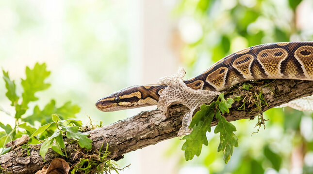 Ball python shedding skin on branch surrounded by green foliage  