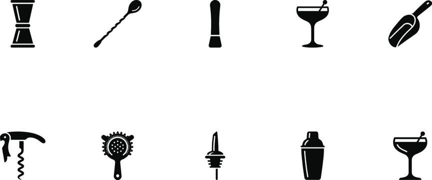 Solid Glyph Icon Set of Bartending Tools, Bar and Mixology Equipment
