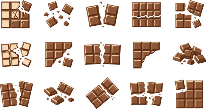 Assorted broken chocolate bars and pieces on a white surface.