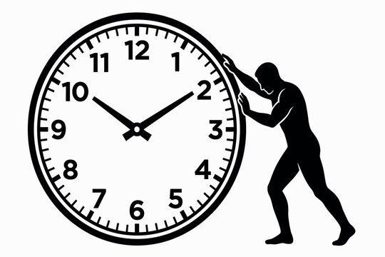 Silhouette of a man pushing a clock face black and white graphic illustration time deadline