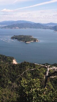 Itsukushima island landscape view, hiking to Mount Misen, Miyajima island panorama, with Hiroshima bay and Seto Inland Sea archipelago, Japan, Hiroshima prefecture, Setonaikai National Park islets