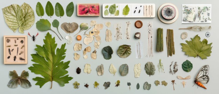 Pressed leaves insects botanical collection natural elements flatlay