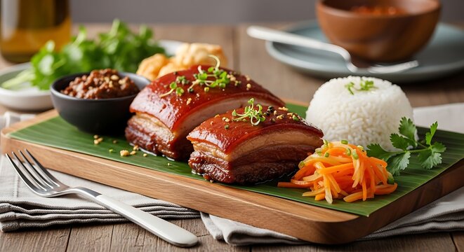 Filipino Lechon Belly Slices Served with Rice and Dipping Sauce on Banana Leaf