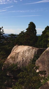 Itsukushima island landscape view, hiking to Mount Misen, Miyajima island panorama, with Hiroshima bay and Seto Inland Sea archipelago, Japan, Hiroshima prefecture, Setonaikai National Park islets