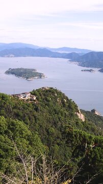 Itsukushima island landscape view, hiking to Mount Misen, Miyajima island panorama, with Hiroshima bay and Seto Inland Sea archipelago, Japan, Hiroshima prefecture, Setonaikai National Park islets