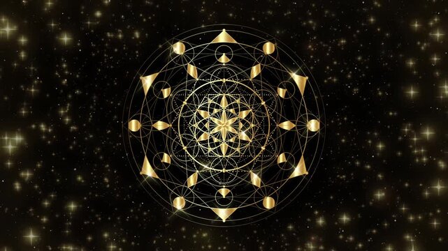 Video animation Flower of Life. Gold Sacred geometry. Loop footage of Mystic icon, luxury mandala, geometric drawing, crop circles, shiny sparkles special effects black galaxy background