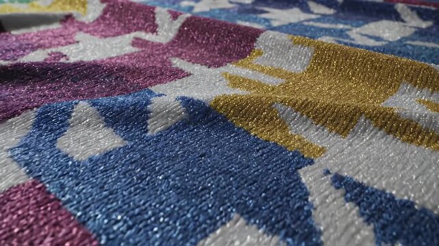 Close-up view of a colorful, patterned fabric with a shimmering texture.