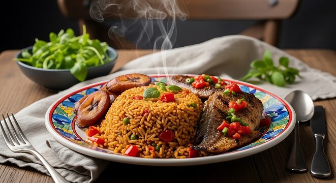Ghanaian Jollof Rice with Fried Plantains and Meat