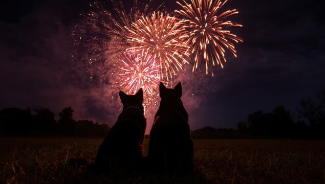 Two dogs sitting in a dark field watching colorful fireworks exploding in the night sky during a summer holiday