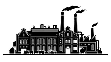 Obraz premium Factory Silhouette With Train And Smokestacks Black On White Background