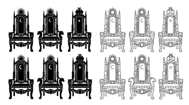 Ornate throne chair silhouettes with celestial symbols black on white