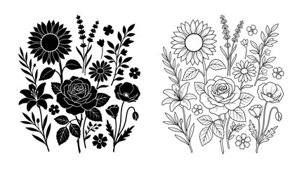 Floral arrangement black and white line drawing on a white background © Imagevector