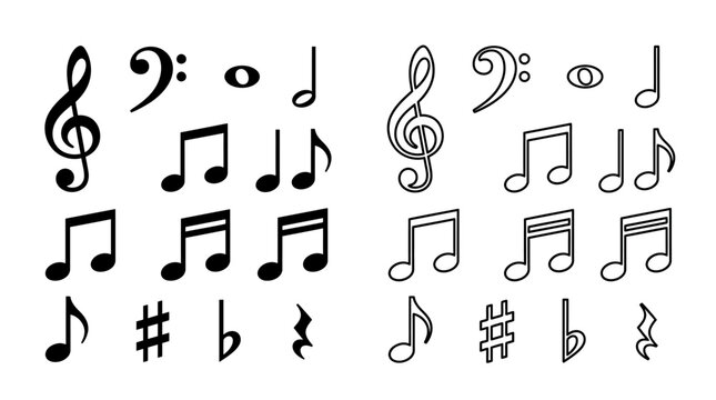 Musical Notes And Symbols Black Line Art On White Background