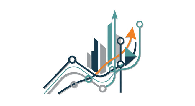 Colorful upward trending graph with city skyline and arrows.