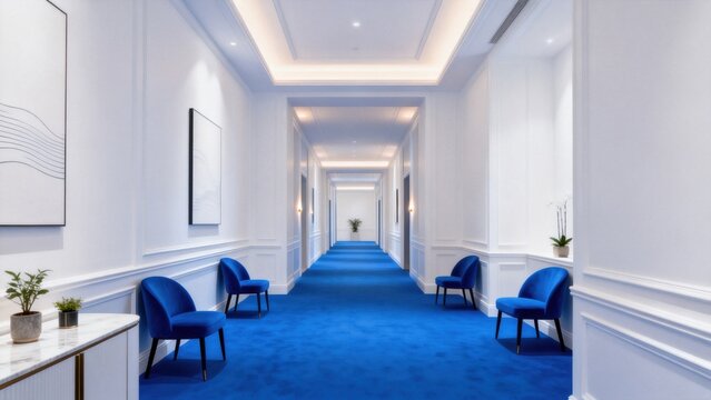 Long hotel hallway with blue carpet