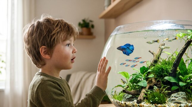 Young boy looking at a fish tank in a living room