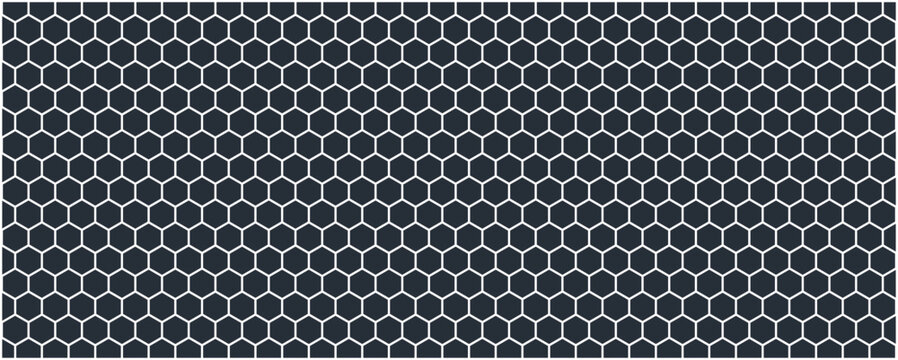 Black seamless hexagon texture. Repeated honeycomb pattern background. Geometric hexagonal halftone tech overlay backdrop. Abstract repeating hex halftone. Vector retro technology dot texure wallpaper