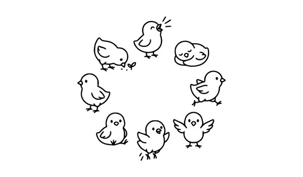 Cute Baby Chick Outline Illustrations Collection with Eight Simple Bird Poses