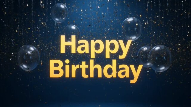 Happy birthday text with gold confetti and transparent balloons on a blue background