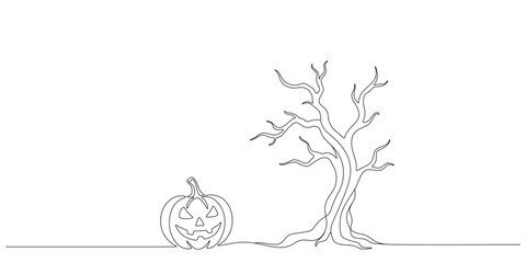 Fototapeta premium Halloween spooky tree and jack o lantern pumpkin continuous line art