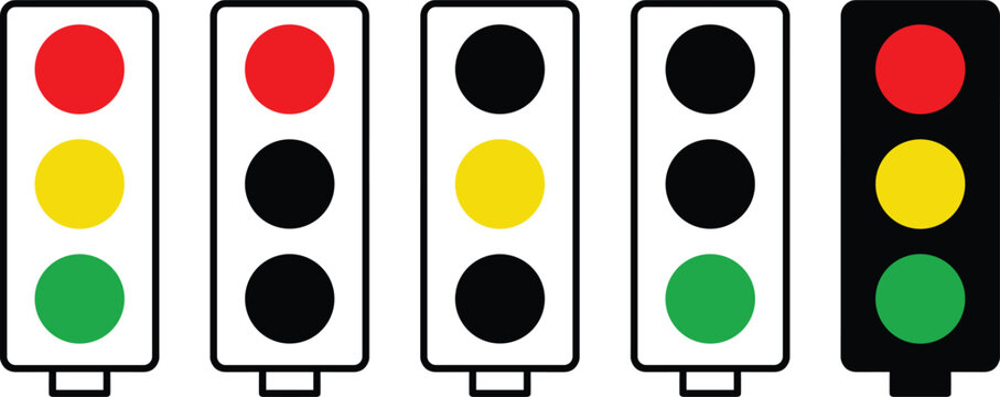 Traffic light vector icon set with red yellow and green signal lights for road safety regulation