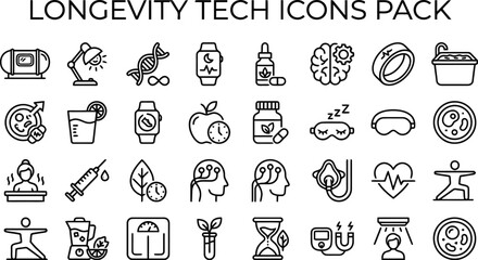 Naklejka premium A comprehensive vector illustration collection featuring essential longevity and wellness technology icons presented in a clean minimalist black line style