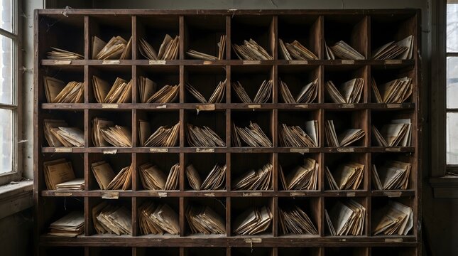 Vintage wooden sorting rack filled with old dusty letters and envelopes in an abandoned post office