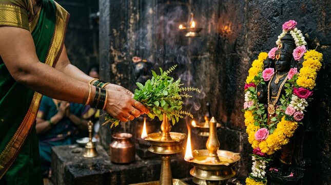 Sacred tulsi offering ritual at hindu temple india traditional puja photography