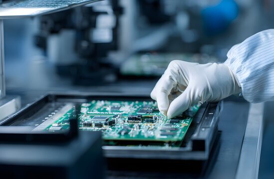 During production, a technician inspects electronic components during manufacturing while a worker wearing white gloves handles green printed circuit boards in a factory packaging tray.