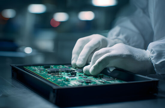 Green printed circuit boards are being handled by a worker wearing white gloves in a factory packaging tray, while a technician inspects electronic components for quality control during production. Th