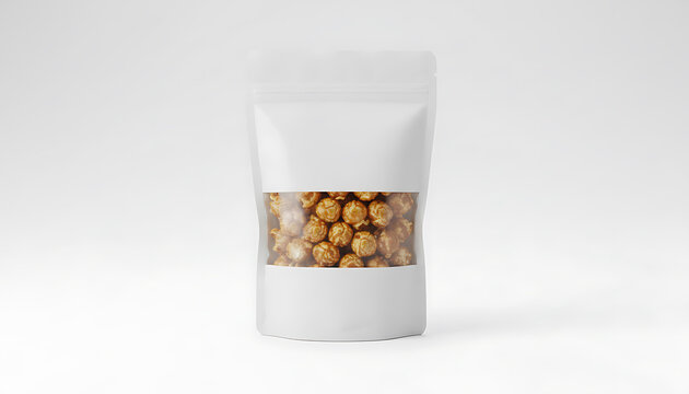 White stand up pouch filled with golden caramel popcorn on a plain studio background