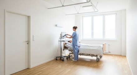 Fototapeta premium Nurse prepares hospital bed in a clean, well-lit patient room with equipment.