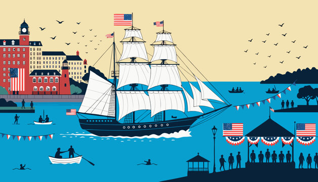 Vintage nautical scene, sailing ships, harbor cityscape, blue water, American flags
