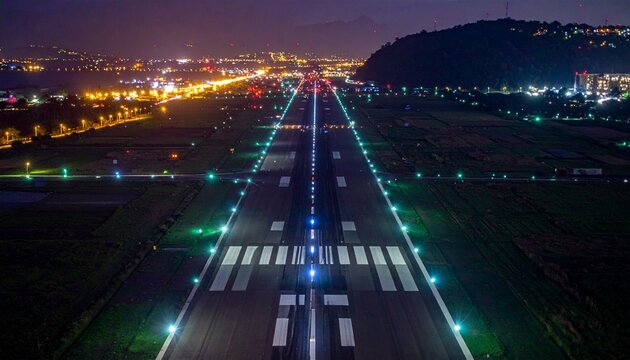 上空から見た照明が美しい夜の滑走路のイメージ画像