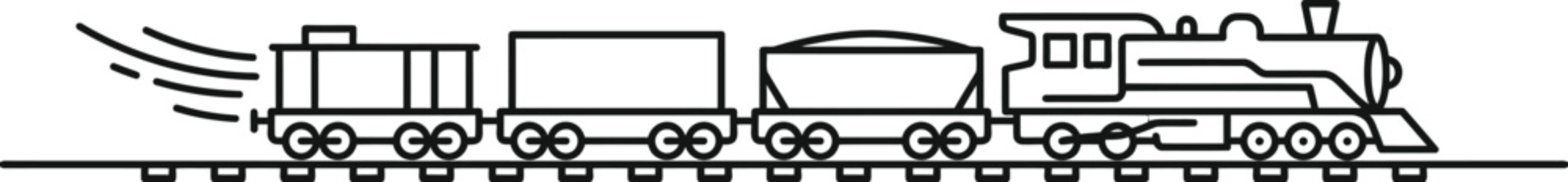 A minimalist black and white vector illustration depicting a steam locomotive train pulling several freight cars along the metal tracks