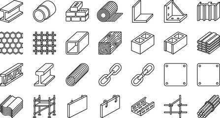 Construction materials and steel metal products vector icon set with building components in outline style © Sabbir Studio