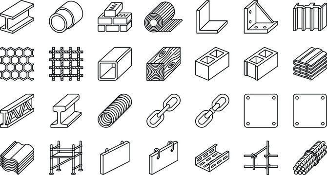 Construction materials and steel metal products vector icon set with building components in outline style