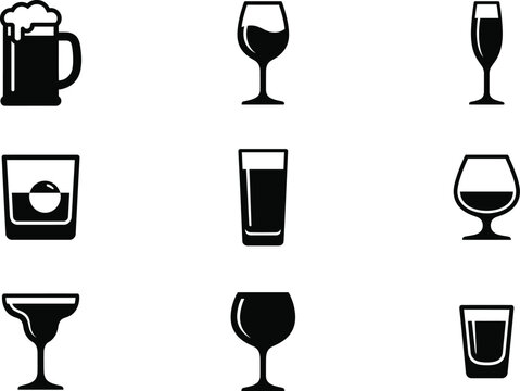 Solid Glyph Silhouette Icon Set of Bar Glassware and Drinkware
