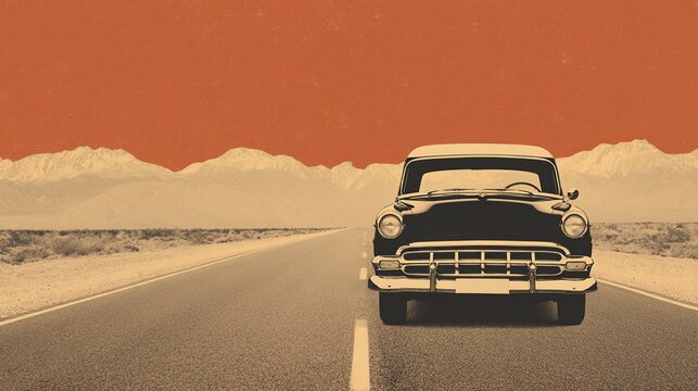 Vintage car driving on an empty desert road with mountains and an orange sky in the background.