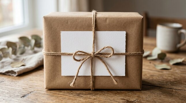 Kraft paper gift box with twine bow and blank white label on wooden table