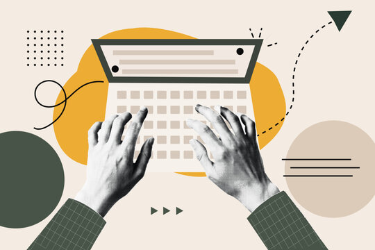 Halftone Pop Art Hands Typing on Laptop Keyboard Top View Collage on Beige Background