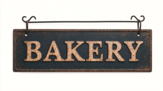 A rustic black metal sign with the word "BAKERY" in large, textured beige letters hangs from two hooks on a white background.