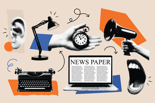 Halftone Pop Art Media Communication Object Collection with Ear Typewriter Clock, Megaphone, and Laptop on Beige Background
