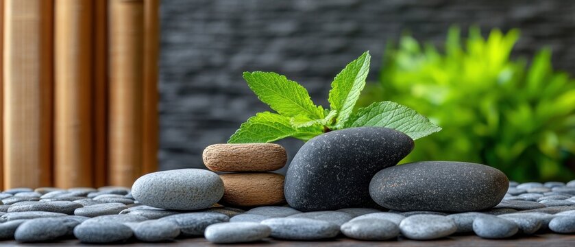 Serene spa stones and mint sprig wellness and tranquility image