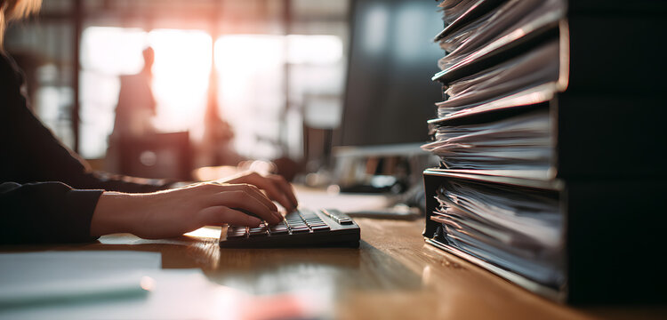 On an office desk sits a black binder and an employee typing on a computer with neatly organized paperwork in front of a blurred view of a coworker and a window. Productivity and record management are