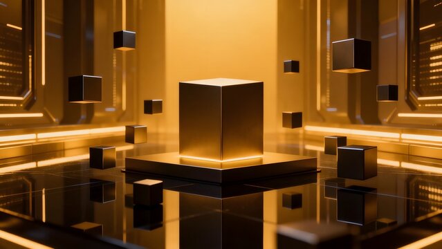 Golden cube display in futuristic room