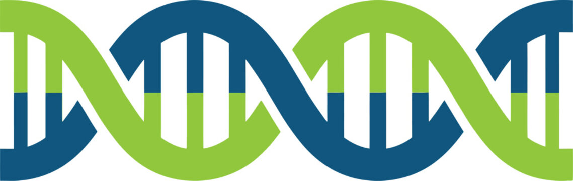 Stylized blue and green dna helix vector illustration featuring flat geometric shapes and clean lines for medical science research concepts