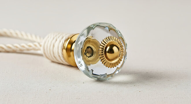 Faceted clear glass knob with gold metal detail and white twisted rope tassel